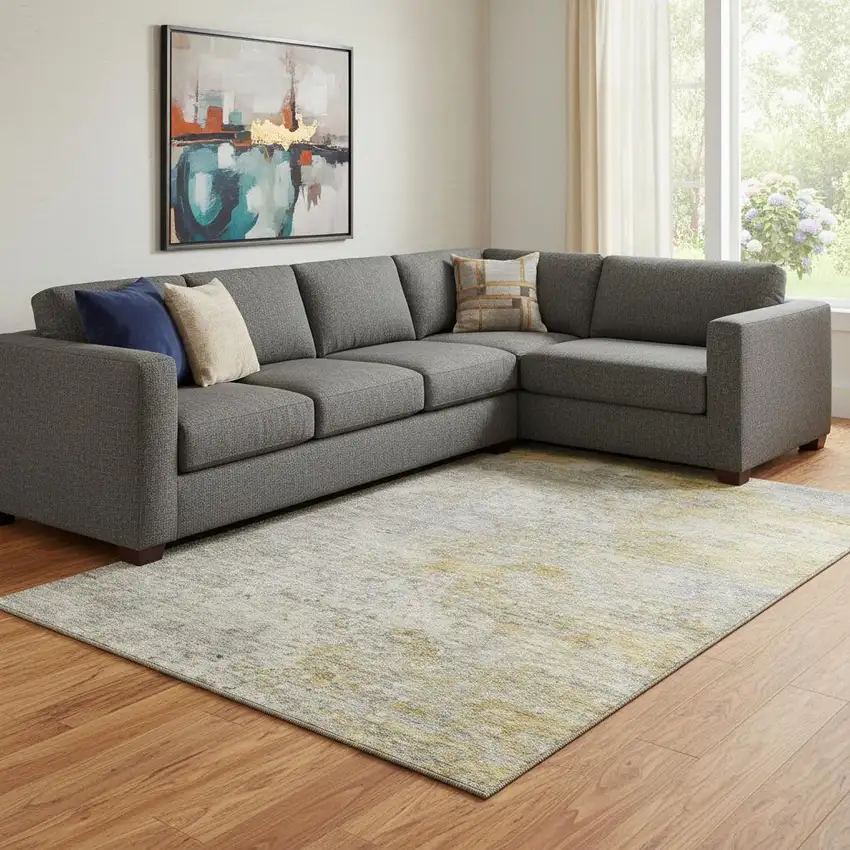 8' Gray Gold And Ivory Abstract Washable Area Rug With UV Protection Photo 2