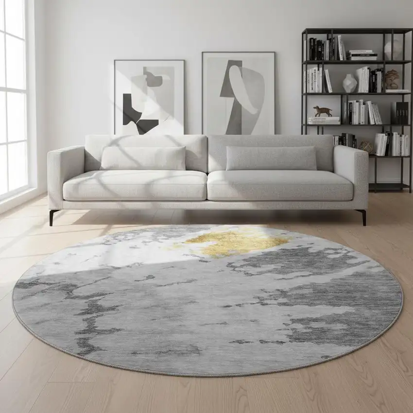 8' Gray Gold And Ivory Abstract Washable Round Rug With UV Protection Photo 2