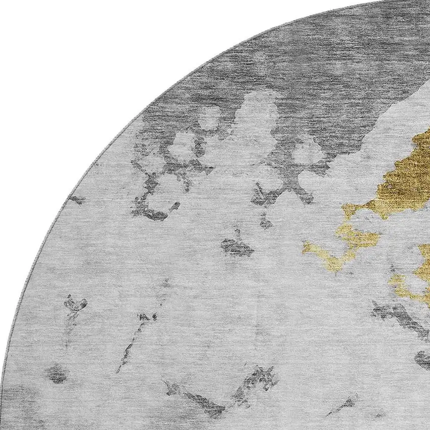 8' Gray Gold And Ivory Abstract Washable Round Rug With UV Protection Photo 3