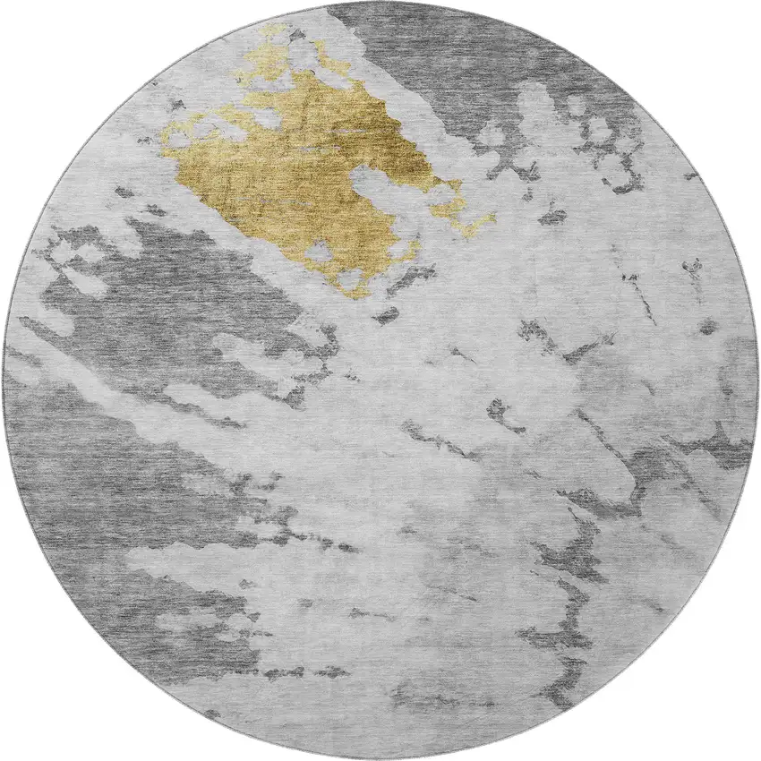 8' Gray Gold And Ivory Abstract Washable Round Rug With UV Protection Photo 4