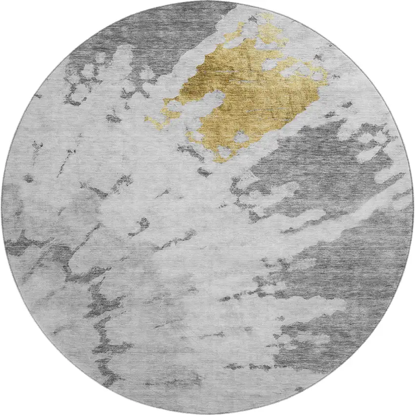 8' Gray Gold And Ivory Abstract Washable Round Rug With UV Protection Photo 1
