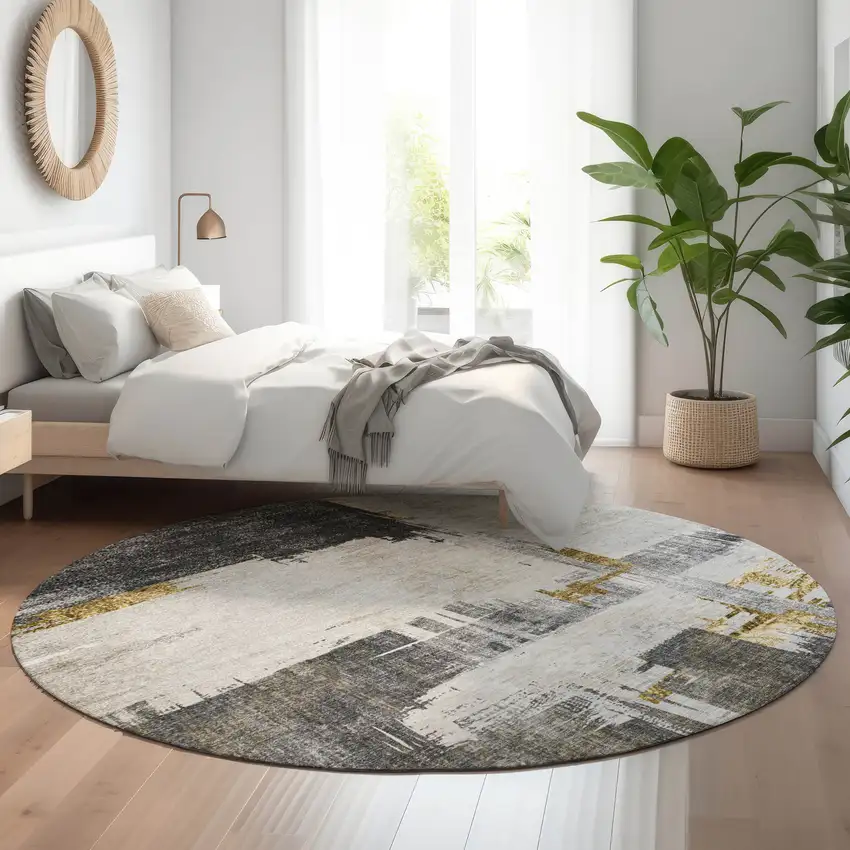 8' Gray Gold And Ivory Abstract Washable Round Rug With UV Protection Photo 4