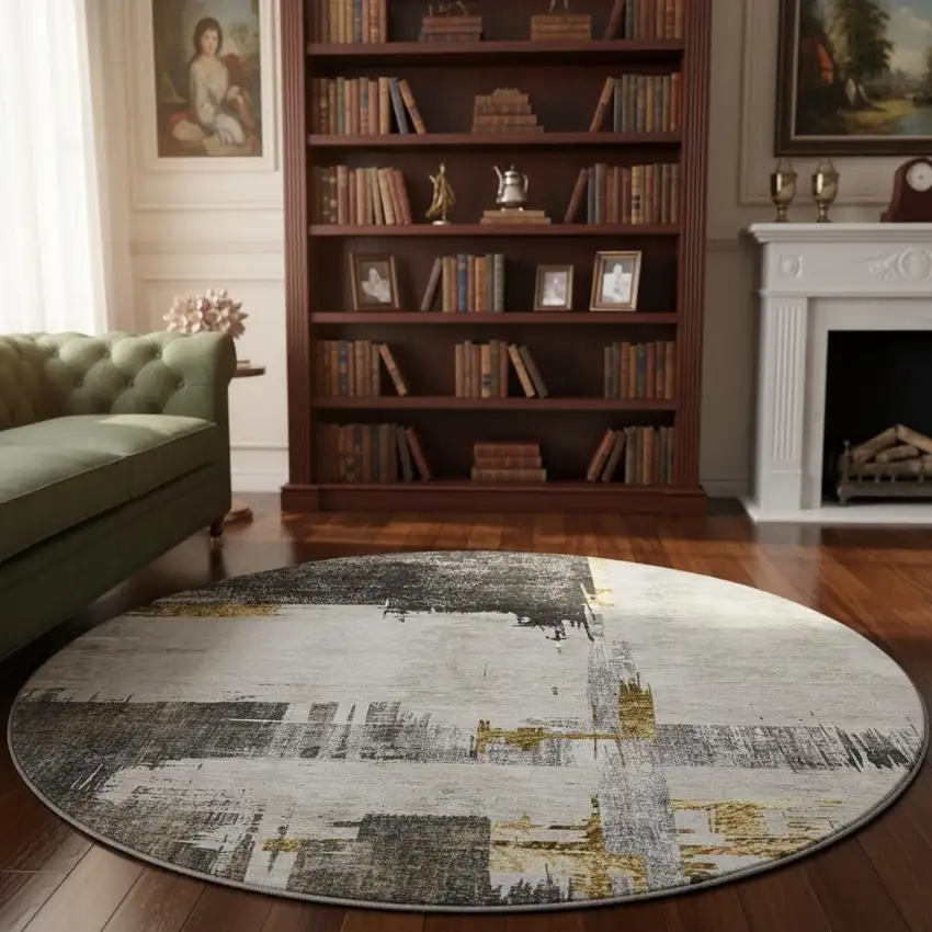 8' Gray Gold And Ivory Abstract Washable Round Rug With UV Protection Photo 2