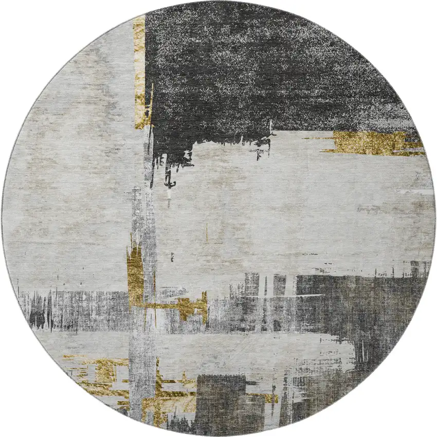 8' Gray Gold And Ivory Abstract Washable Round Rug With UV Protection Photo 6