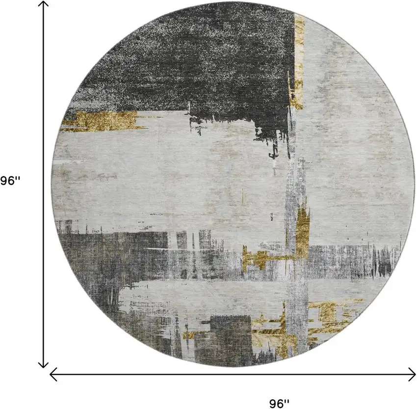 8' Gray Gold And Ivory Abstract Washable Round Rug With UV Protection Photo 3