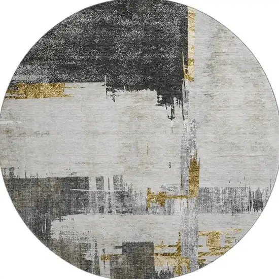 8' Gray Gold And Ivory Abstract Washable Round Rug With UV Protection Photo 1