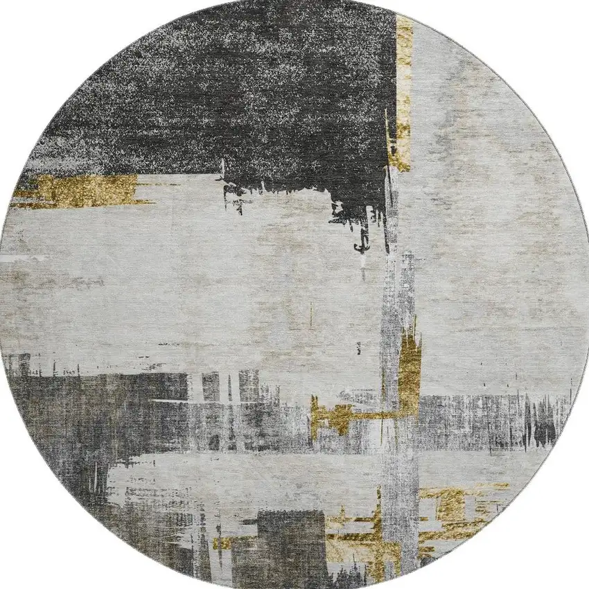 8' Gray Gold And Ivory Abstract Washable Round Rug With UV Protection Photo 1
