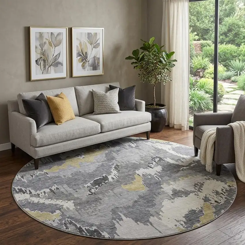 8' Gray Gold And Ivory Abstract Washable Round Rug With UV Protection Photo 1