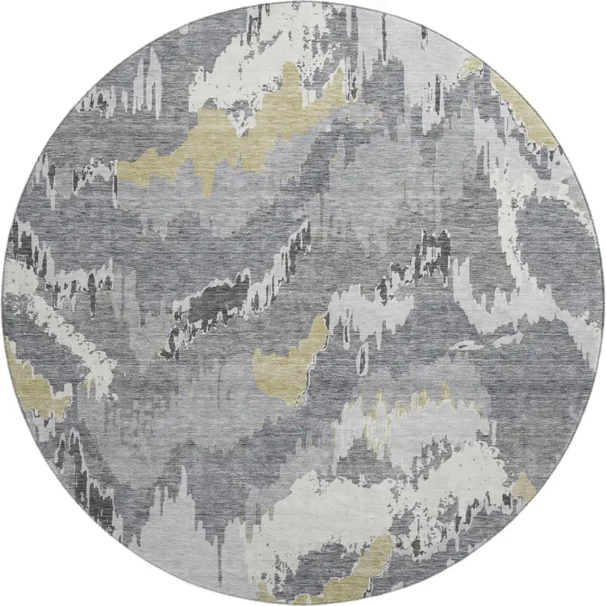 8' Gray Gold And Ivory Abstract Washable Round Rug With UV Protection Photo 2