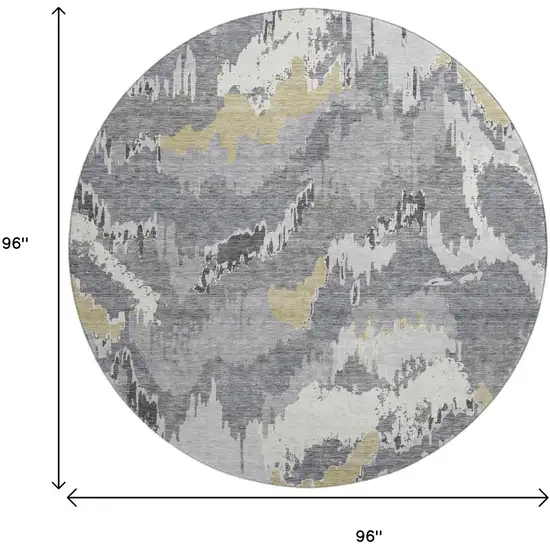 8' Gray Gold And Ivory Abstract Washable Round Rug With UV Protection Photo 3
