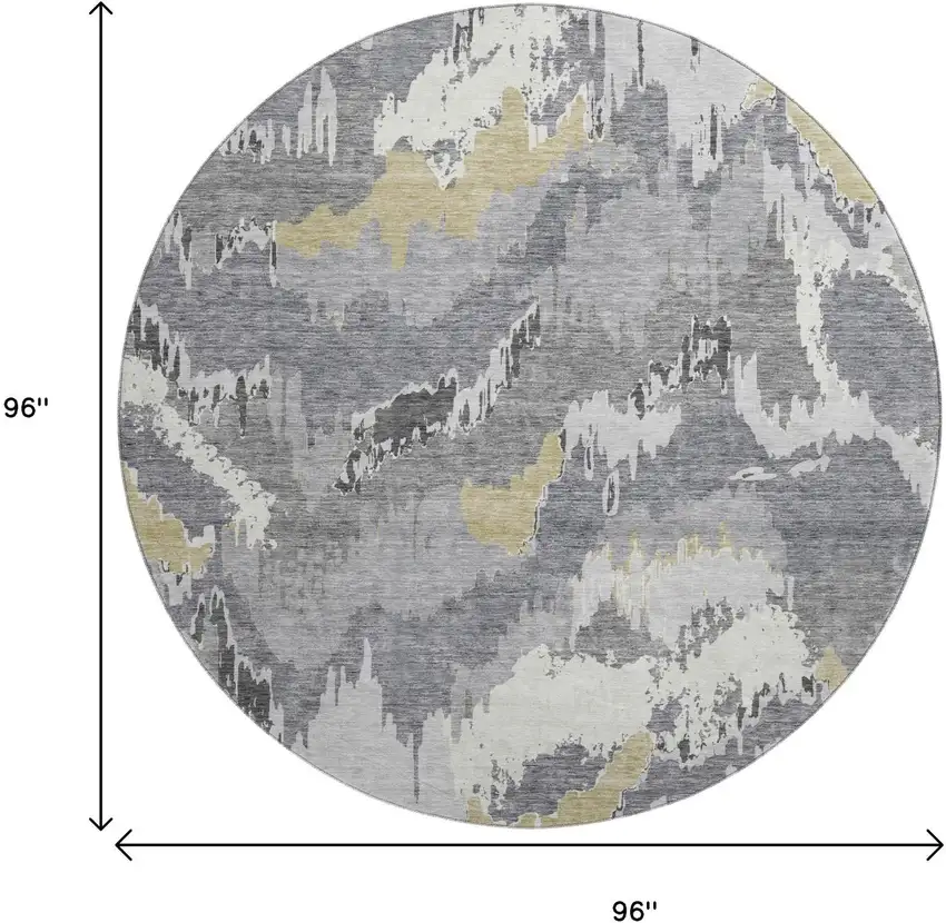 8' Gray Gold And Ivory Abstract Washable Round Rug With UV Protection Photo 3