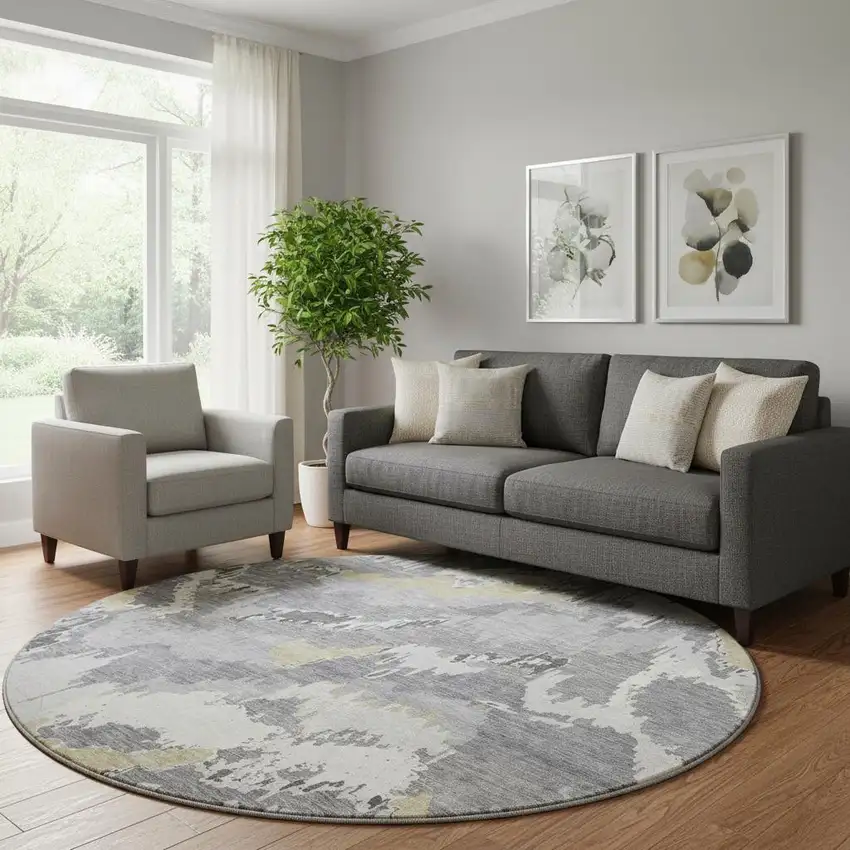 8' Gray Gold And Ivory Abstract Washable Round Rug With UV Protection Photo 1