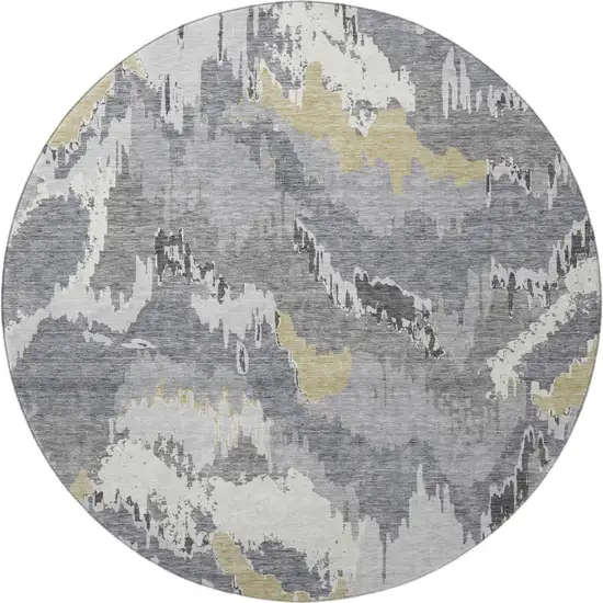 8' Gray Gold And Ivory Abstract Washable Round Rug With UV Protection Photo 5