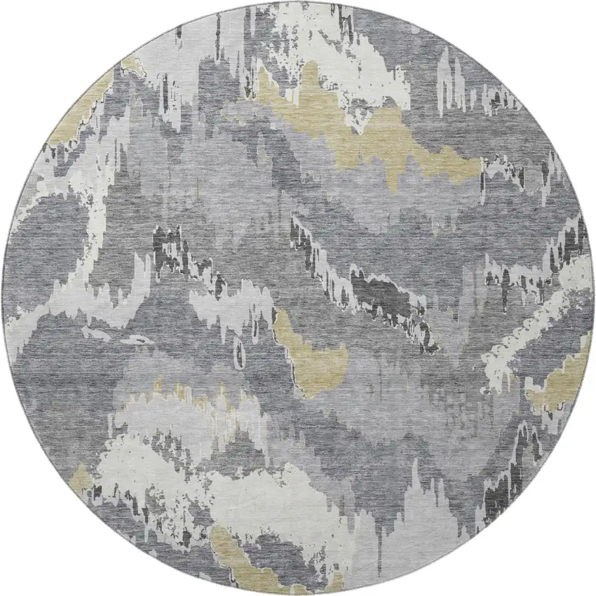 8' Gray Gold And Ivory Abstract Washable Round Rug With UV Protection Photo 5
