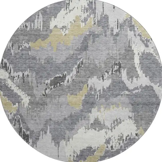 8' Gray Gold And Ivory Abstract Washable Round Rug With UV Protection Photo 4