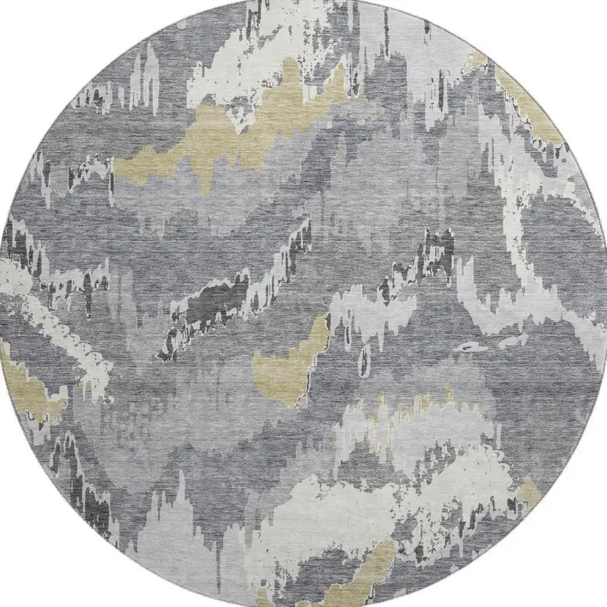 8' Gray Gold And Ivory Abstract Washable Round Rug With UV Protection Photo 4