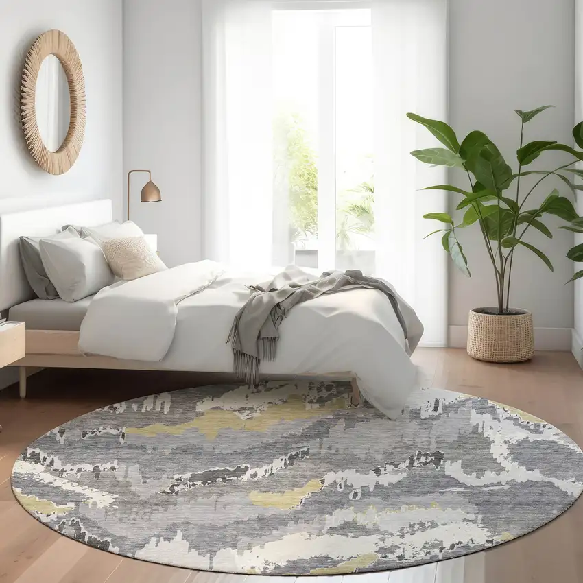 8' Gray Gold And Ivory Abstract Washable Round Rug With UV Protection Photo 6