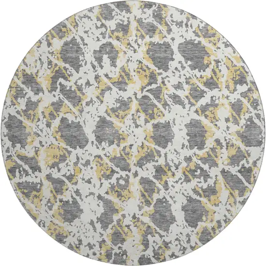 8' Gray Gold And Ivory Abstract Washable Round Rug With UV Protection Photo 1