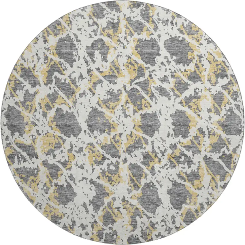 8' Gray Gold And Ivory Abstract Washable Round Rug With UV Protection Photo 1