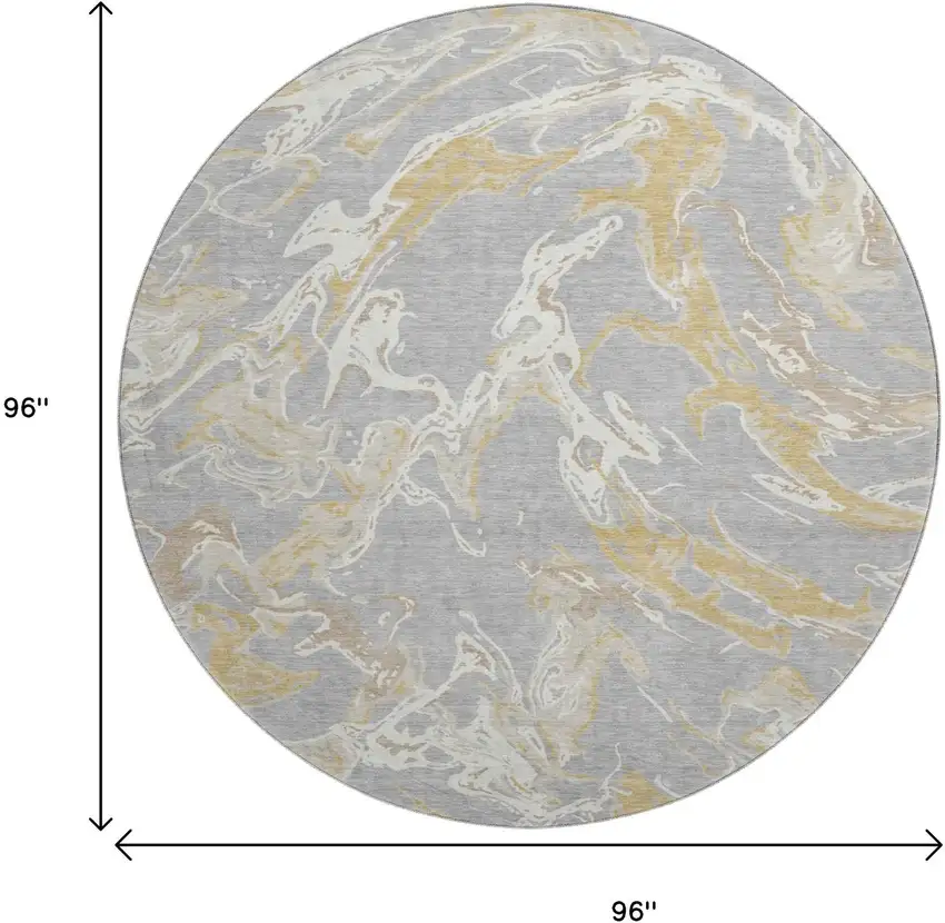 8' Gray Gold And Ivory Abstract Washable Round Rug With UV Protection Photo 9