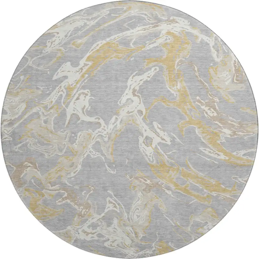 8' Gray Gold And Ivory Abstract Washable Round Rug With UV Protection Photo 1