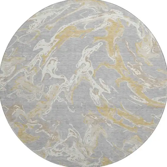 8' Gray Gold And Ivory Abstract Washable Round Rug With UV Protection Photo 3