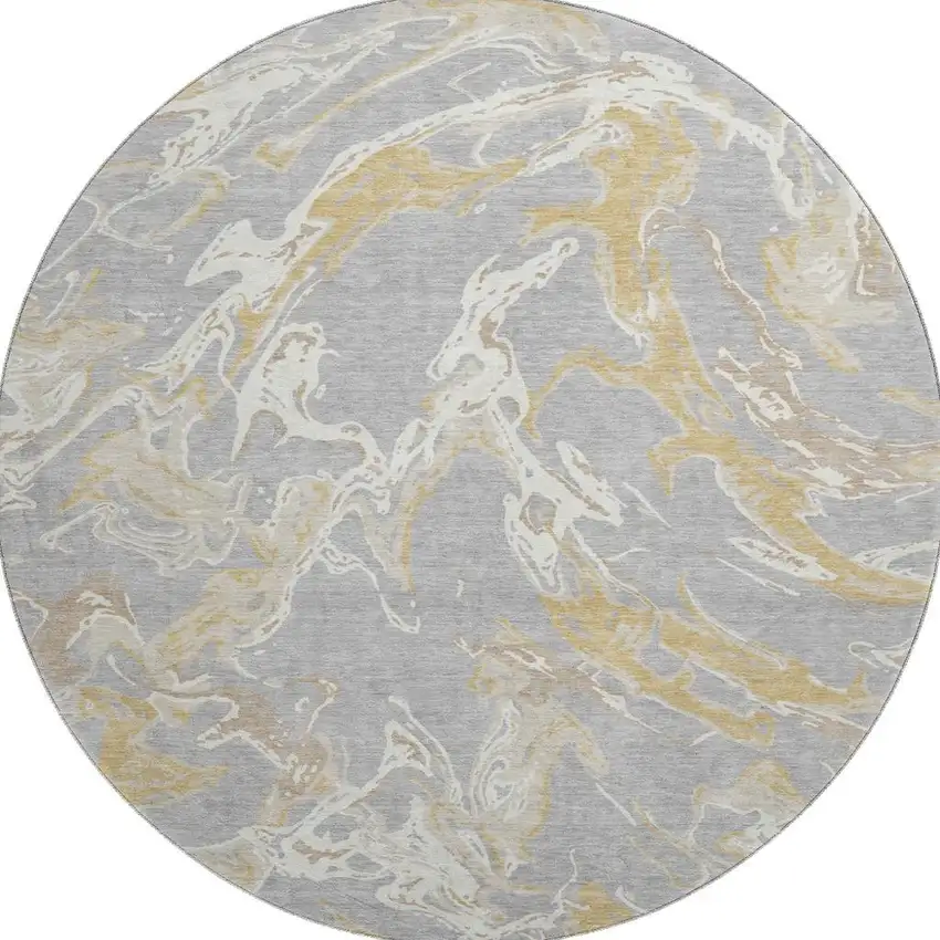 8' Gray Gold And Ivory Abstract Washable Round Rug With UV Protection Photo 3