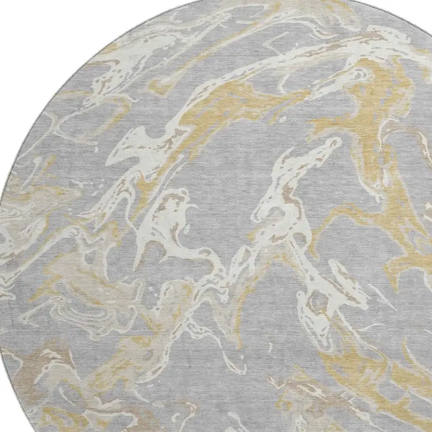 8' Gray Gold And Ivory Abstract Washable Round Rug With UV Protection Photo 2