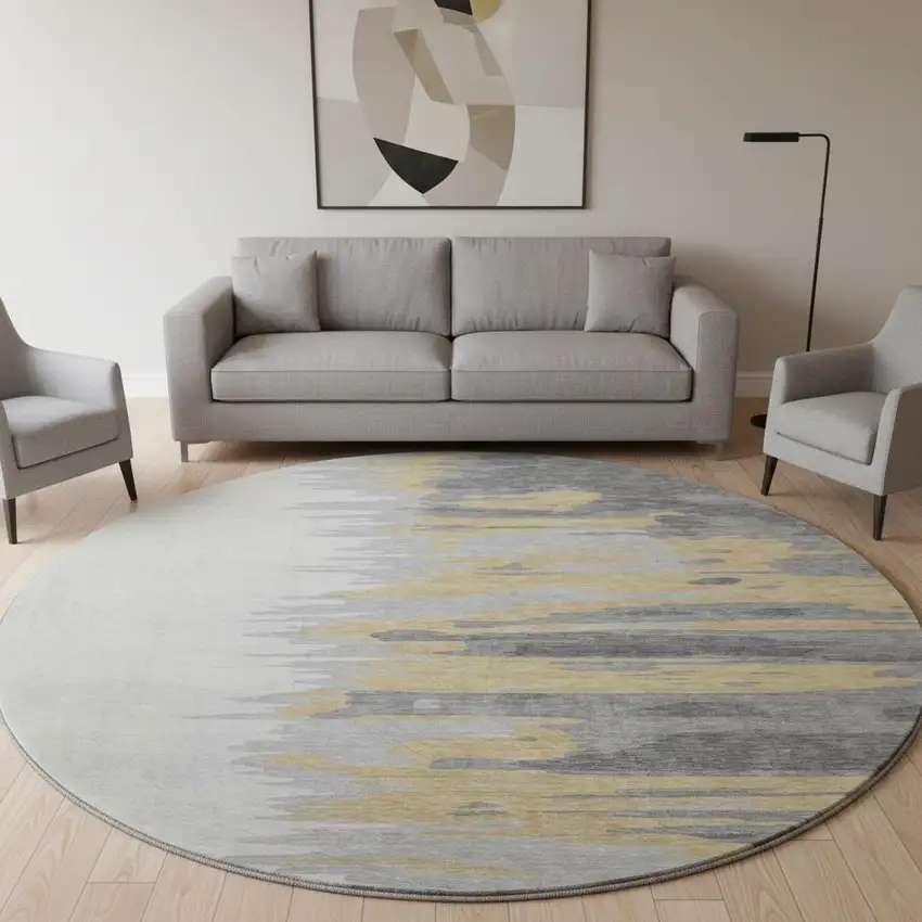 8' Gray Gold And Ivory Abstract Washable Round Rug With UV Protection Photo 2