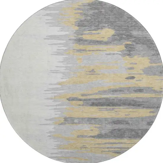 8' Gray Gold And Ivory Abstract Washable Round Rug With UV Protection Photo 3