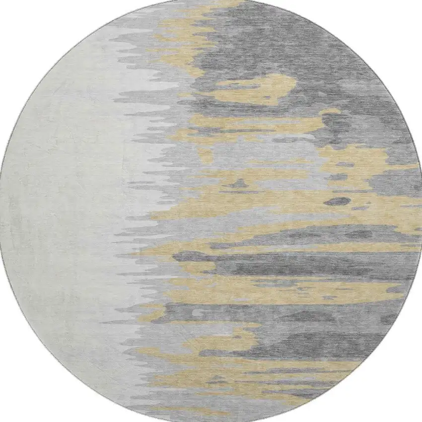 8' Gray Gold And Ivory Abstract Washable Round Rug With UV Protection Photo 3