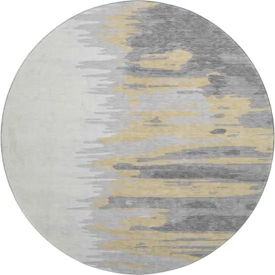 8' Gray Gold And Ivory Abstract Washable Round Rug With UV Protection Photo 1