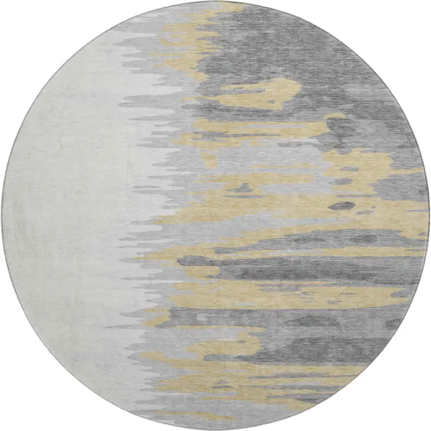 8' Gray Gold And Ivory Abstract Washable Round Rug With UV Protection Photo 1