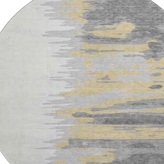 8' Gray Gold And Ivory Abstract Washable Round Rug With UV Protection Photo 2