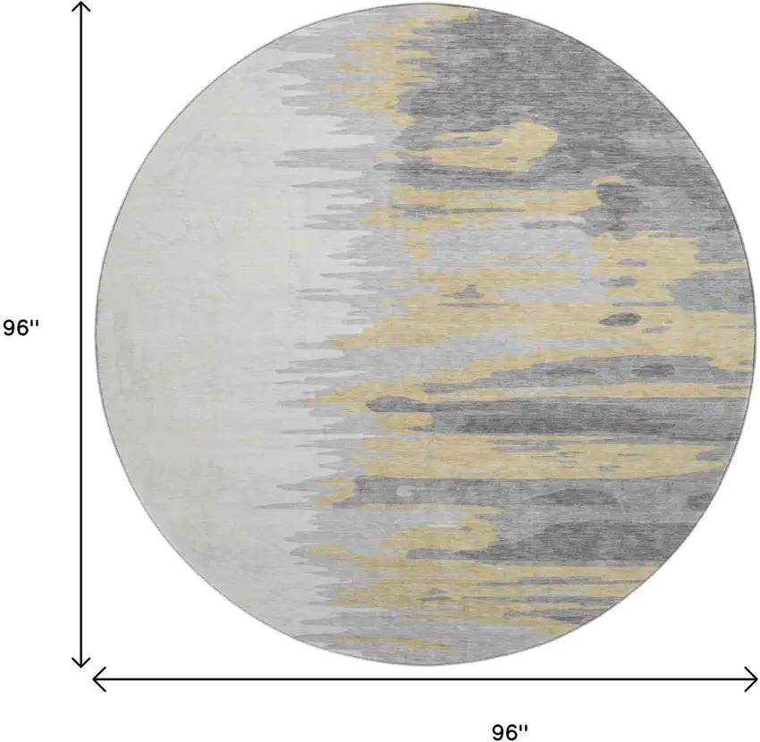 8' Gray Gold And Ivory Abstract Washable Round Rug With UV Protection Photo 9
