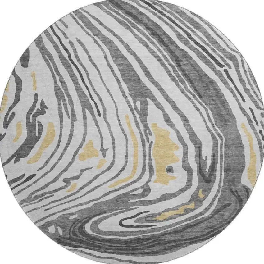 8' Gray Gold And Ivory Abstract Washable Round Rug With UV Protection Photo 3