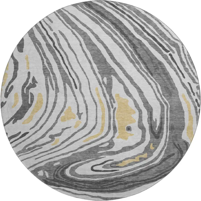 8' Gray Gold And Ivory Abstract Washable Round Rug With UV Protection Photo 1