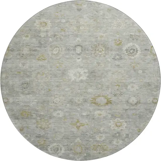 8' Gray Gold And Ivory Damask Washable Round Rug With UV Protection Photo 1