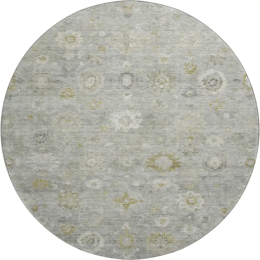 8' Gray Gold And Ivory Damask Washable Round Rug With UV Protection Photo 1