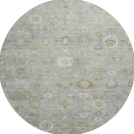 8' Gray Gold And Ivory Damask Washable Round Rug With UV Protection Photo 3
