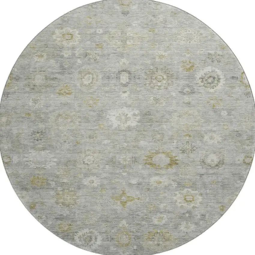 8' Gray Gold And Ivory Damask Washable Round Rug With UV Protection Photo 3