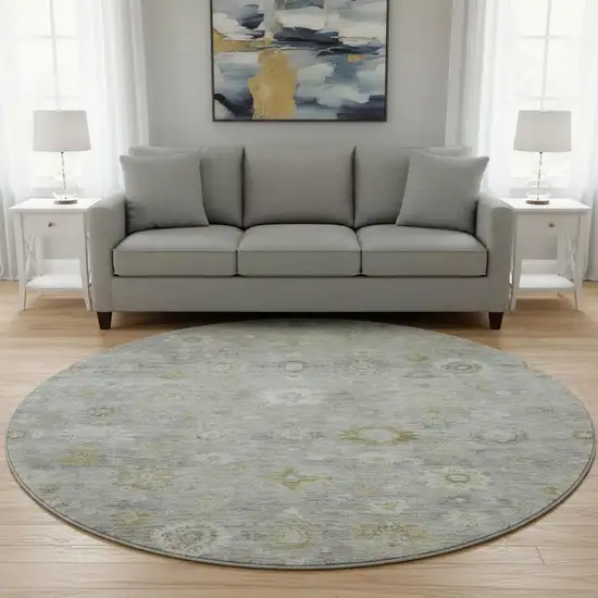 8' Gray Gold And Ivory Damask Washable Round Rug With UV Protection Photo 2