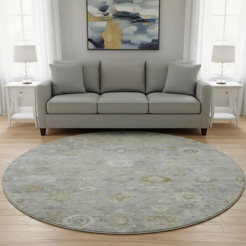8' Gray Gold And Ivory Damask Washable Round Rug With UV Protection Photo 2