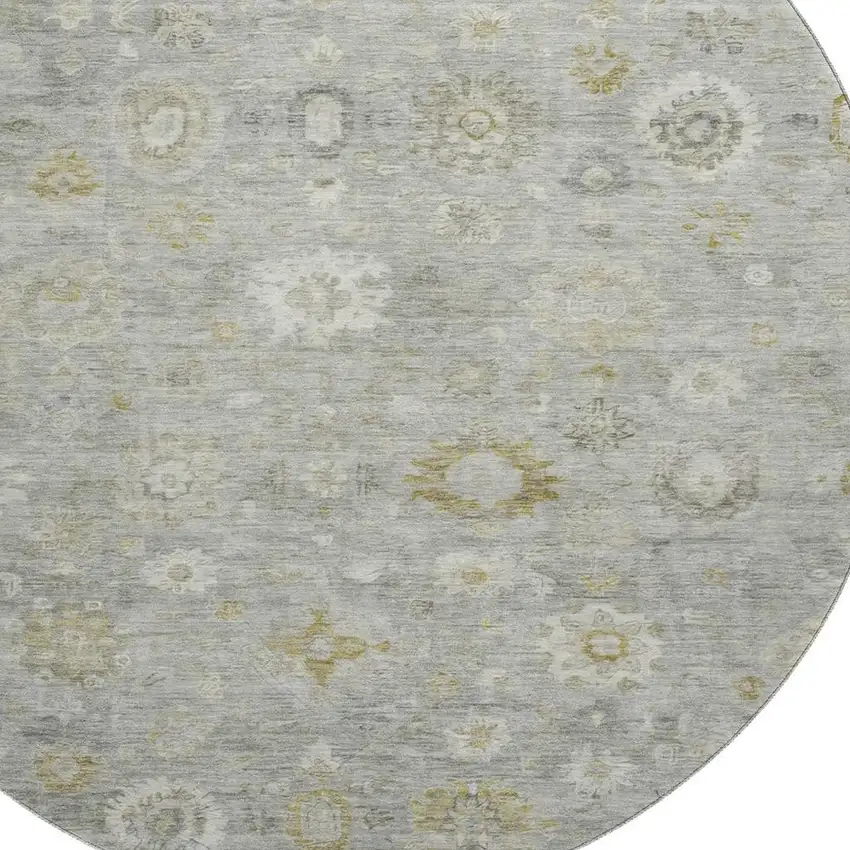 8' Gray Gold And Ivory Damask Washable Round Rug With UV Protection Photo 2