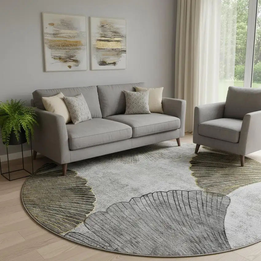 8' Gray Gold And Ivory Floral Washable Round Rug With UV Protection Photo 1