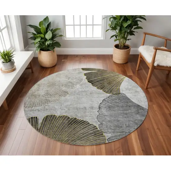 8' Gray Gold And Ivory Floral Washable Round Rug With UV Protection Photo 2