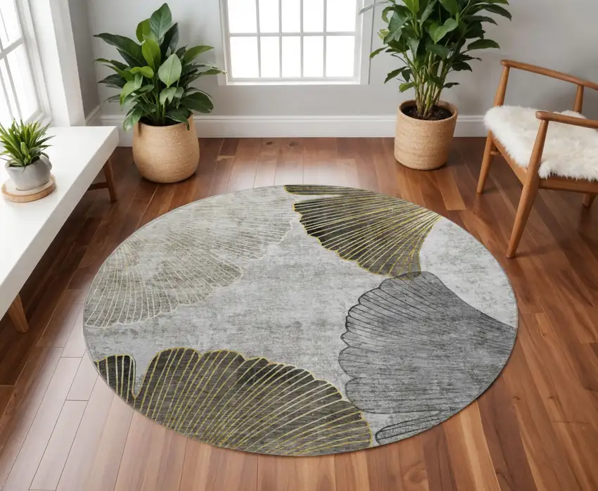 8' Gray Gold And Ivory Floral Washable Round Rug With UV Protection Photo 2