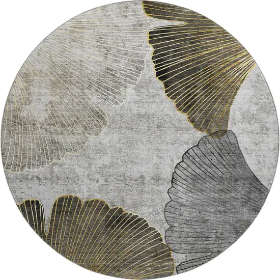 8' Gray Gold And Ivory Floral Washable Round Rug With UV Protection Photo 1