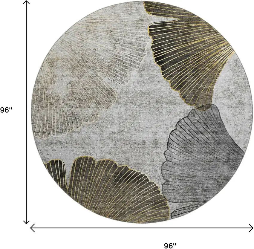 8' Gray Gold And Ivory Floral Washable Round Rug With UV Protection Photo 9