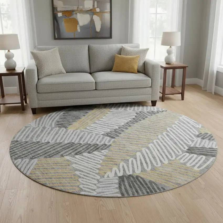 8' Gray Gold And Ivory Floral Washable Round Rug With UV Protection Photo 2